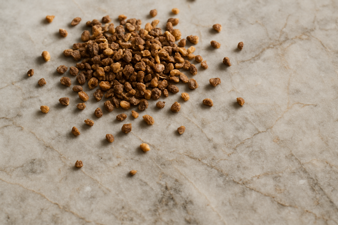 loose maca nibs on stone benchtop