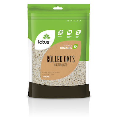 Packaging of Lotus Organic Rolled Oats showing the product and brand name with certification logos, such as organic and vegan.