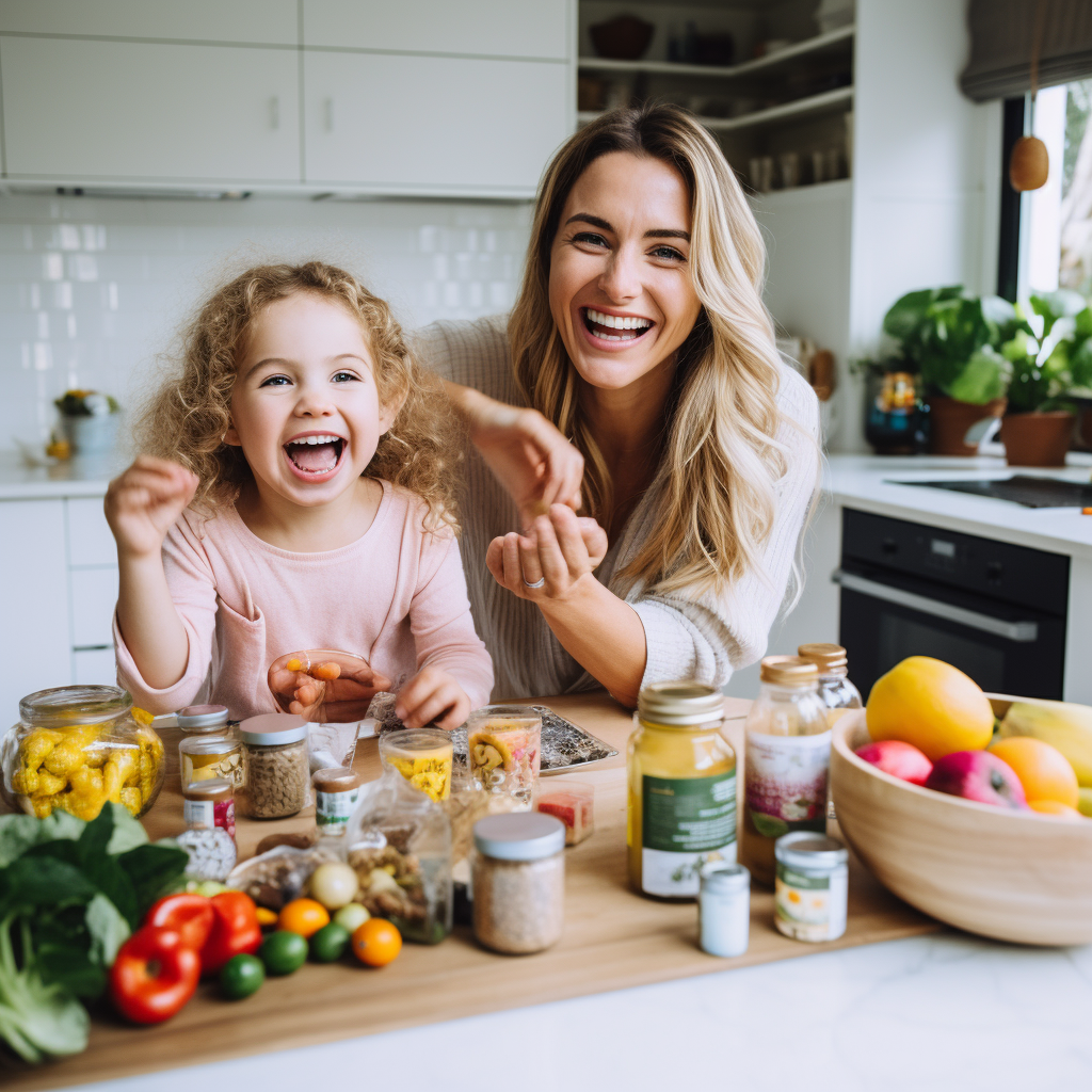 mother and daughter with healthy food