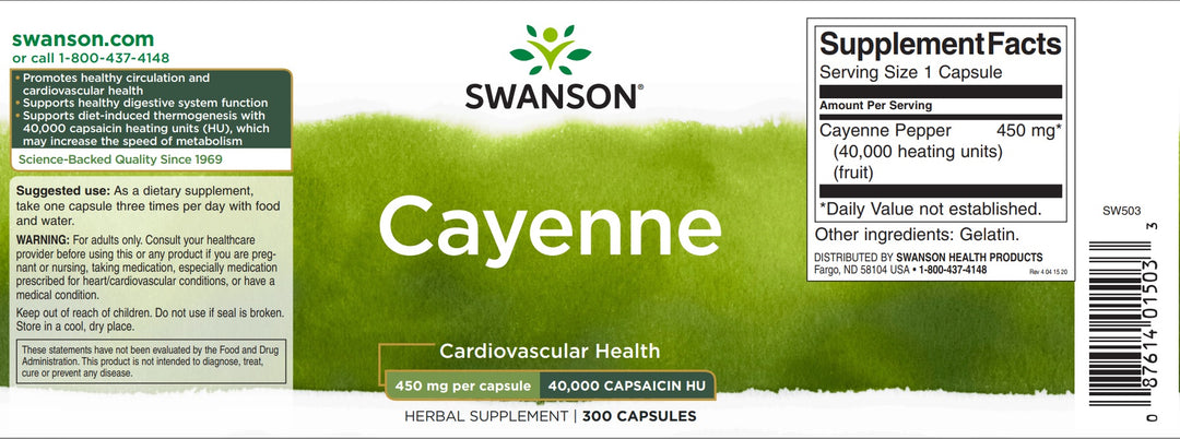 Swanson Cayenne 40,000 Capsaicin Hu 300 capsules